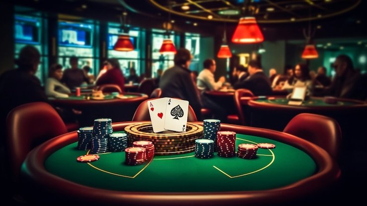 Meja permainan kasino dengan kartu dan chip yang tersusun rapi siap untuk pemain